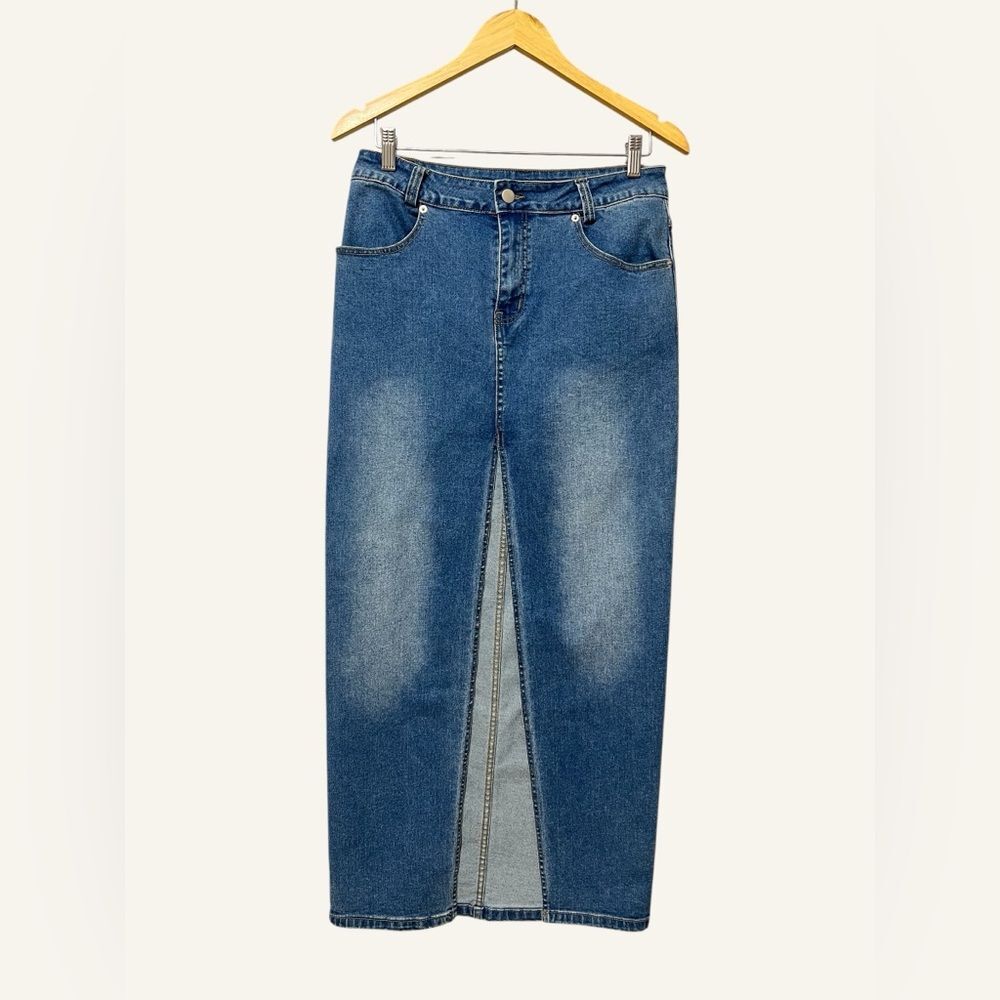 Salty Denim Midi Skirt Size Medium High Front Slit Medium Wash Bleached